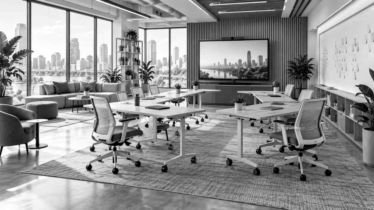 Sala de reuniones moderna con vistas a la ciudad